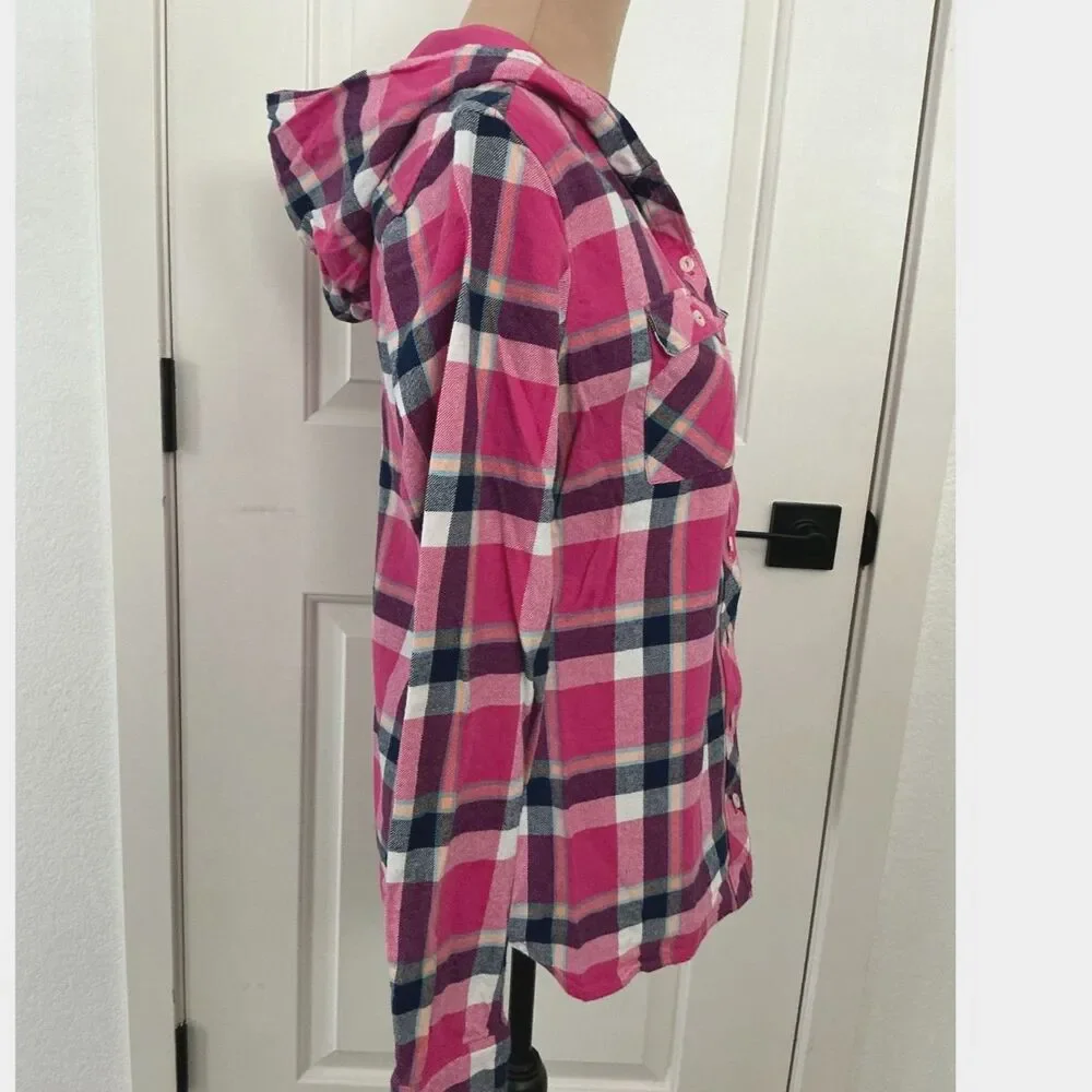 Eddie Bauer Women’s M Pink Plaid Hooded Flannel Shirt Outdoors/Hiking/Camping